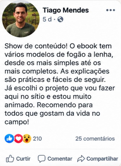 Print de depoimento de cliente sobre os Projetos de Fogão a Lenha